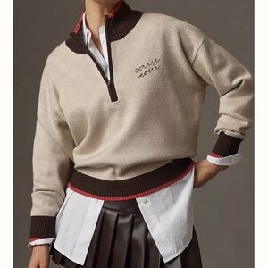 Anthropologie Maeve The Montana Mock-Neck Half-Zip Sweater Cherry Graphic Xs.